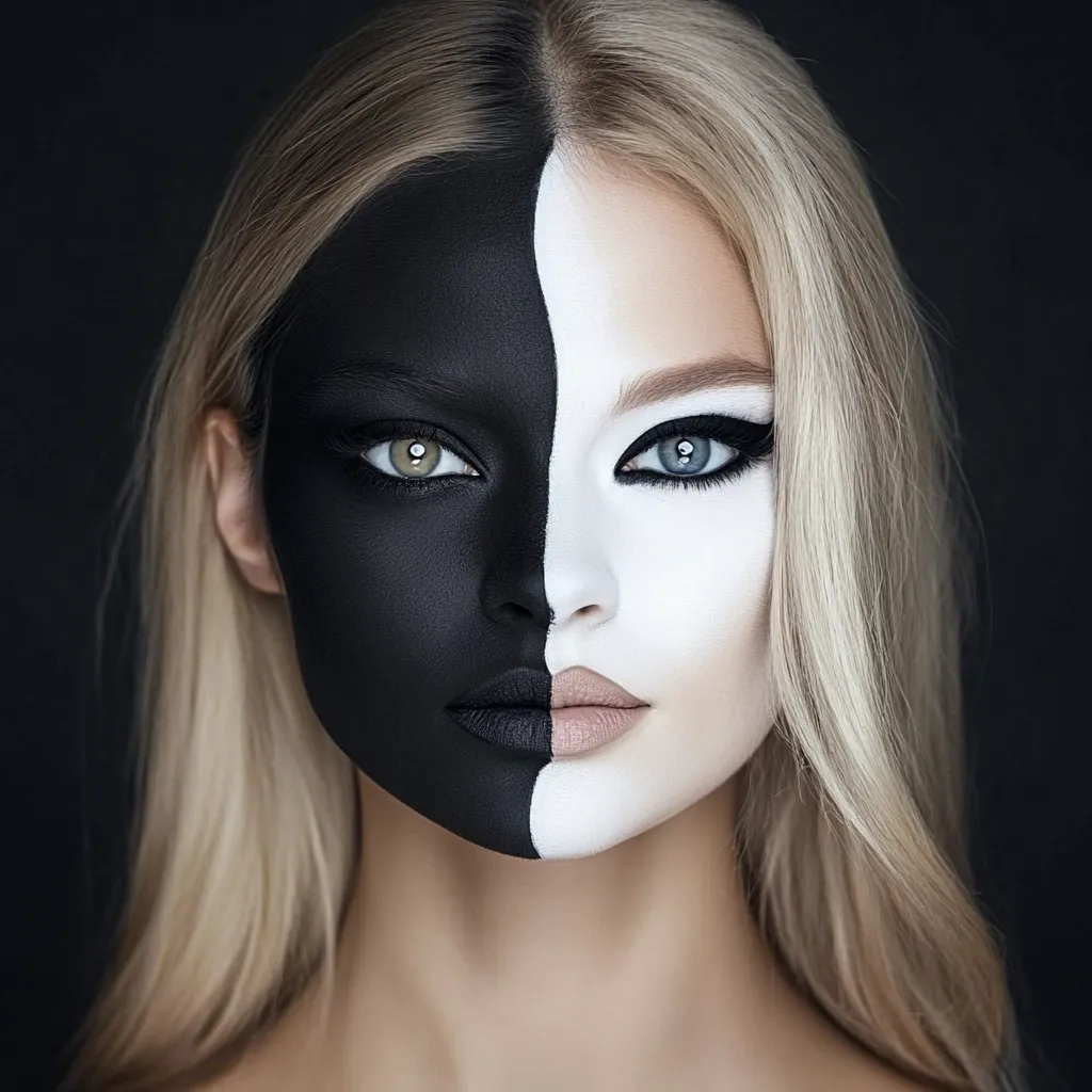 A blonde woman's face is dramatically split in half, one side painted black, the other white.  Her makeup is sharp and precise, emphasizing the stark contrast.  The dark side features a smoky eye and dark lipstick, while the light side is clean and subtly highlighted.  The image is striking and showcases creative makeup artistry against a simple black background.