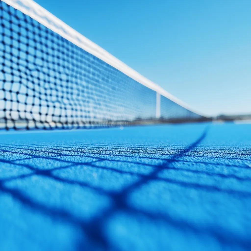 A vibrant blue tennis court stretches into the distance under a clear blue sky.  The net casts a sharp shadow on the textured surface, emphasizing the court's bright color. The focus is shallow, blurring the background and highlighting the court's texture and the net's structure.  The scene evokes a feeling of sunshine and outdoor activity.