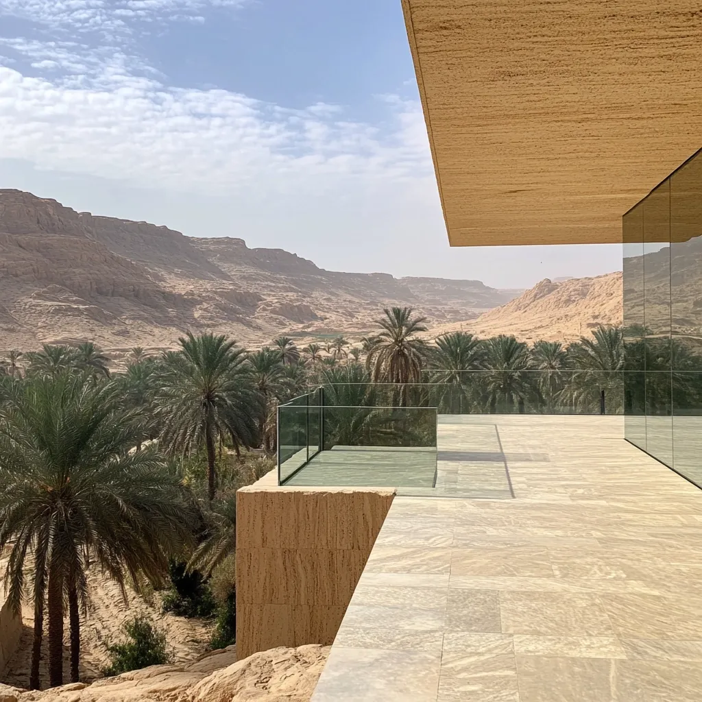 A modern desert oasis.  A minimalist balcony extends from a beige building, offering breathtaking panoramic views of a valley dotted with palm trees and rugged, sun-baked mountains under a clear sky.  The glass balustrade provides a seamless transition between indoor and outdoor spaces, creating a tranquil and luxurious setting.