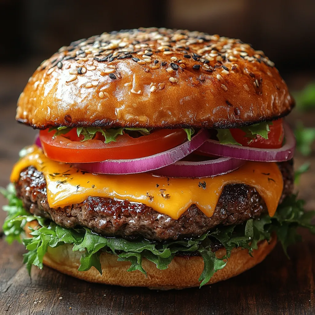 A juicy cheeseburger, featuring a toasted sesame seed bun, a perfectly seared beef patty, melted cheddar cheese, crisp lettuce, ripe tomato slices, and thinly sliced red onions. The burger sits on a dark wooden surface, showcasing its delicious ingredients and inviting texture.  The image emphasizes the freshness and quality of the ingredients.