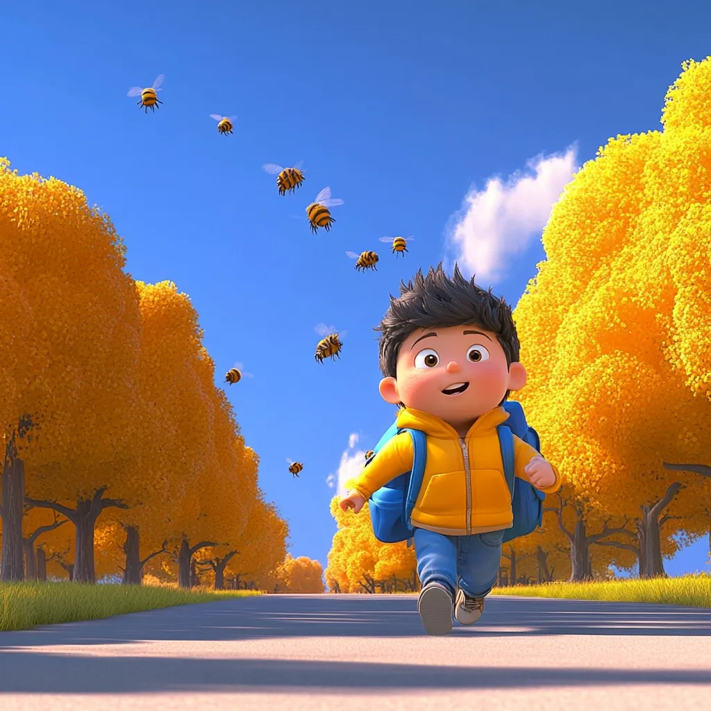 A cheerful, 3D-animated boy with a backpack joyfully runs down a road lined with vibrant golden trees.  Several cartoon bees playfully fly around him in the sunny autumn sky.  The scene is bright and whimsical, evoking feelings of happiness and carefree adventure.