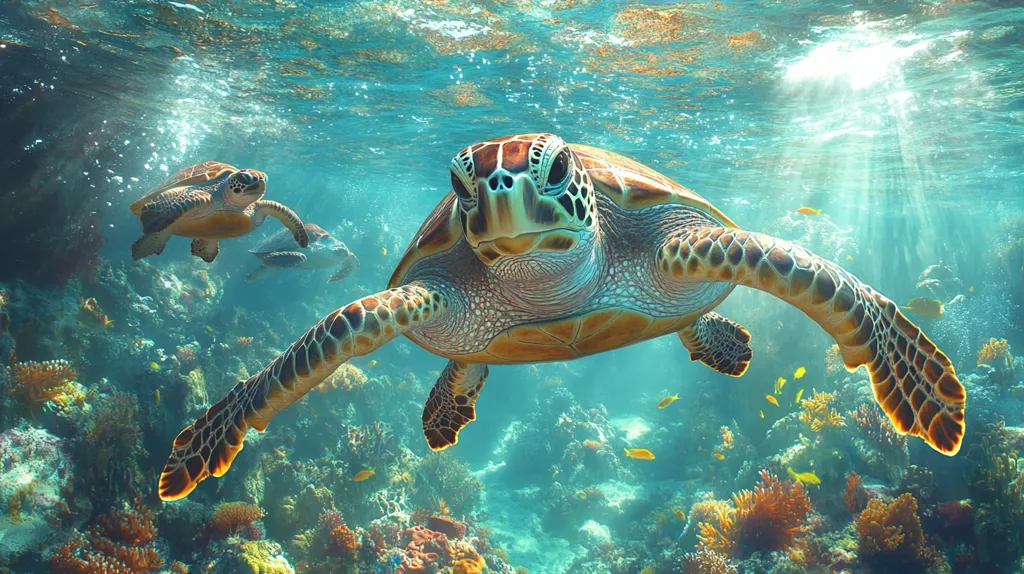 A large sea turtle gracefully swims through a vibrant coral reef, sunlight streaming from above.  Smaller turtles and colorful fish populate the scene.  The turtle's shell is intricately patterned, and the underwater environment is teeming with life and brilliant colors.  The image evokes a sense of tranquility and the beauty of the ocean's ecosystem.