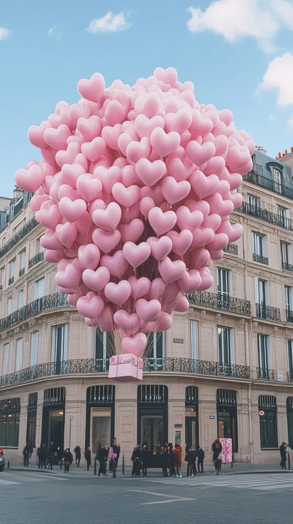 A massive cluster of pink heart-shaped balloons floats above a Parisian street.  The balloons are tethered to a pink gift box, creating a whimsical scene.  Pedestrians walk on the sidewalk in front of a grand, beige building with elegant storefronts. The sky is a pale blue with fluffy white clouds, adding to the charming and romantic atmosphere.