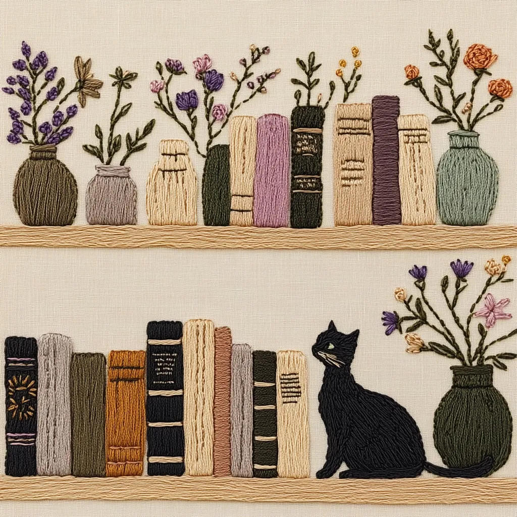 This embroidered artwork depicts two shelves filled with books and vases of flowers.  The books are meticulously stitched with varying colors and textures, suggesting age and variety. Delicate floral arrangements complement each shelf. A black cat sits attentively on the lower shelf, adding a charming touch to the cozy, bookish scene. The overall style is gentle and calming, evoking a sense of quiet contemplation.