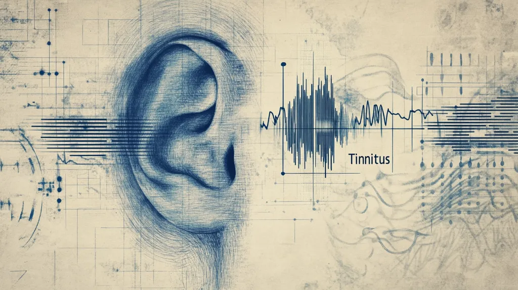 The image depicts a detailed sketch of a human ear alongside a sound wave graph labeled "Tinnitus."  The artistic style suggests a technical or medical illustration, blending anatomical accuracy with abstract graphical elements representing sound and neural pathways.  The overall effect communicates the concept of tinnitus, a phantom ringing or buzzing in the ears.