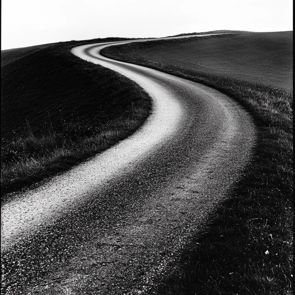 A black and white photograph depicts a winding gravel road curving through a grassy landscape. The road's texture is prominent, with light reflecting on its surface. The gentle slopes of the hills are visible, creating a sense of depth and serenity.  The image conveys a feeling of quiet solitude and the open countryside. The contrast between light and shadow enhances the road's winding path.