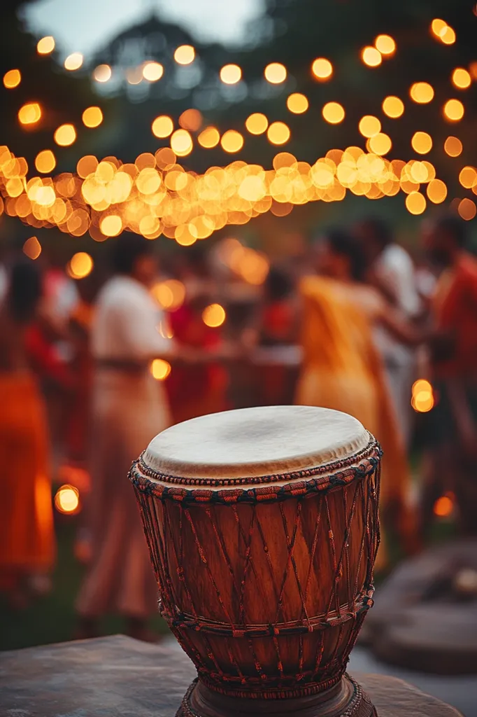 A djembe drum sits in the foreground, sharply in focus, against a blurred background of a festive gathering illuminated by warm string lights.  People in colorful clothing dance and mingle under the soft glow. The scene evokes a feeling of warmth, community, and celebration, with the drum suggesting music and rhythm are central to the event.