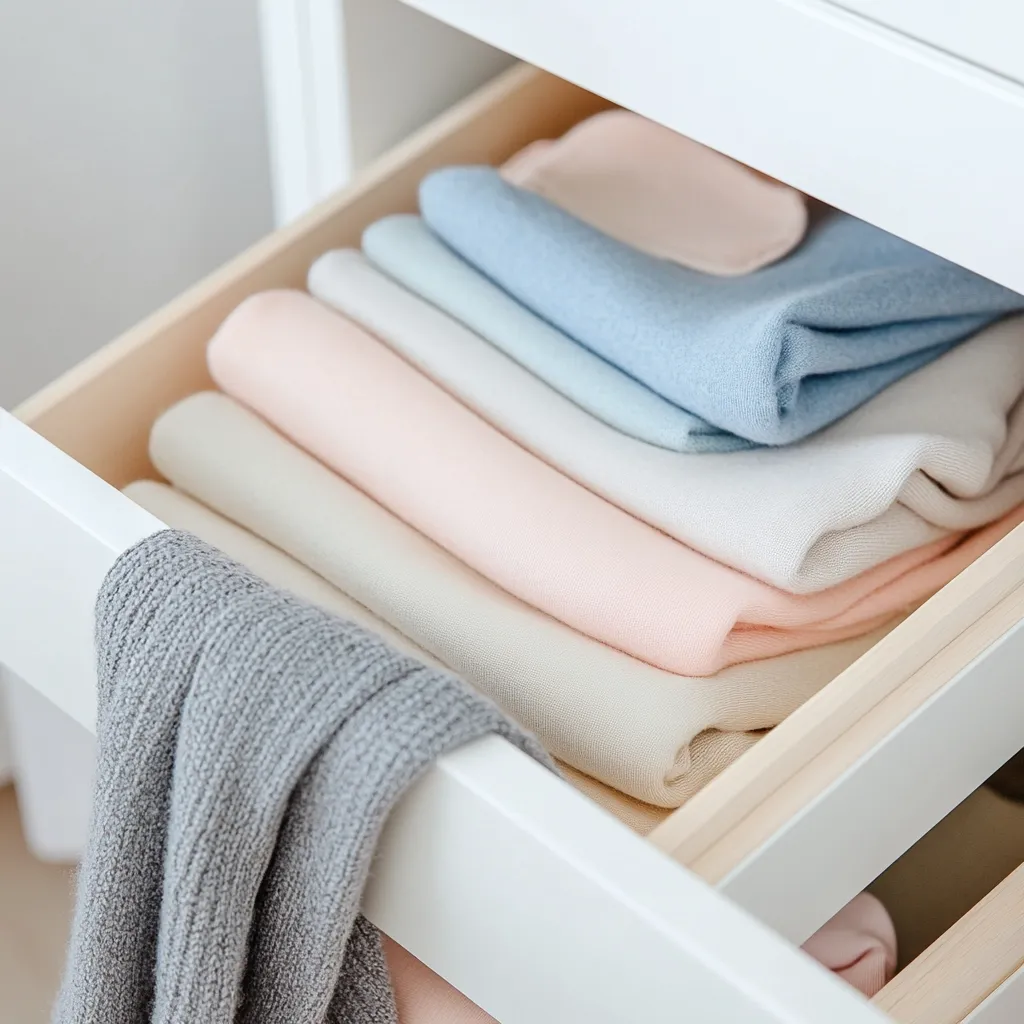 A neatly organized drawer reveals a stack of pastel-colored sweaters, delicately folded and arranged in shades of blush pink, cream, and light blue.  A grey knitted item peeks out from the drawer, adding a subtle contrast to the soft hues. The drawer is part of a white dresser, emphasizing the clean and minimalist aesthetic. The scene conveys a sense of calm and order.