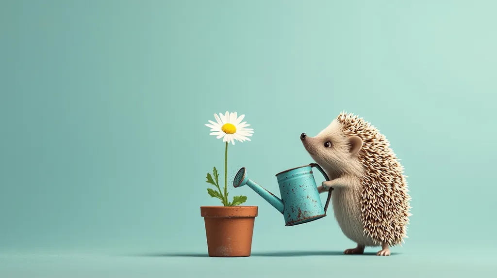 A cute hedgehog carefully waters a daisy in a terracotta pot using a small, teal watering can.  The scene is set against a soft, light teal background, creating a calming and whimsical image. The hedgehog's gentle actions suggest nurturing and care for the growing flower.