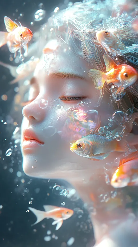 A serene digital painting depicts a young woman's face, seemingly submerged underwater.  Her eyes are closed, and her skin has an ethereal, translucent quality.  Numerous goldfish swim around her, some appearing to be nestled within her hair, creating a dreamlike, aquatic scene filled with bubbles.  The overall mood is peaceful and magical.
