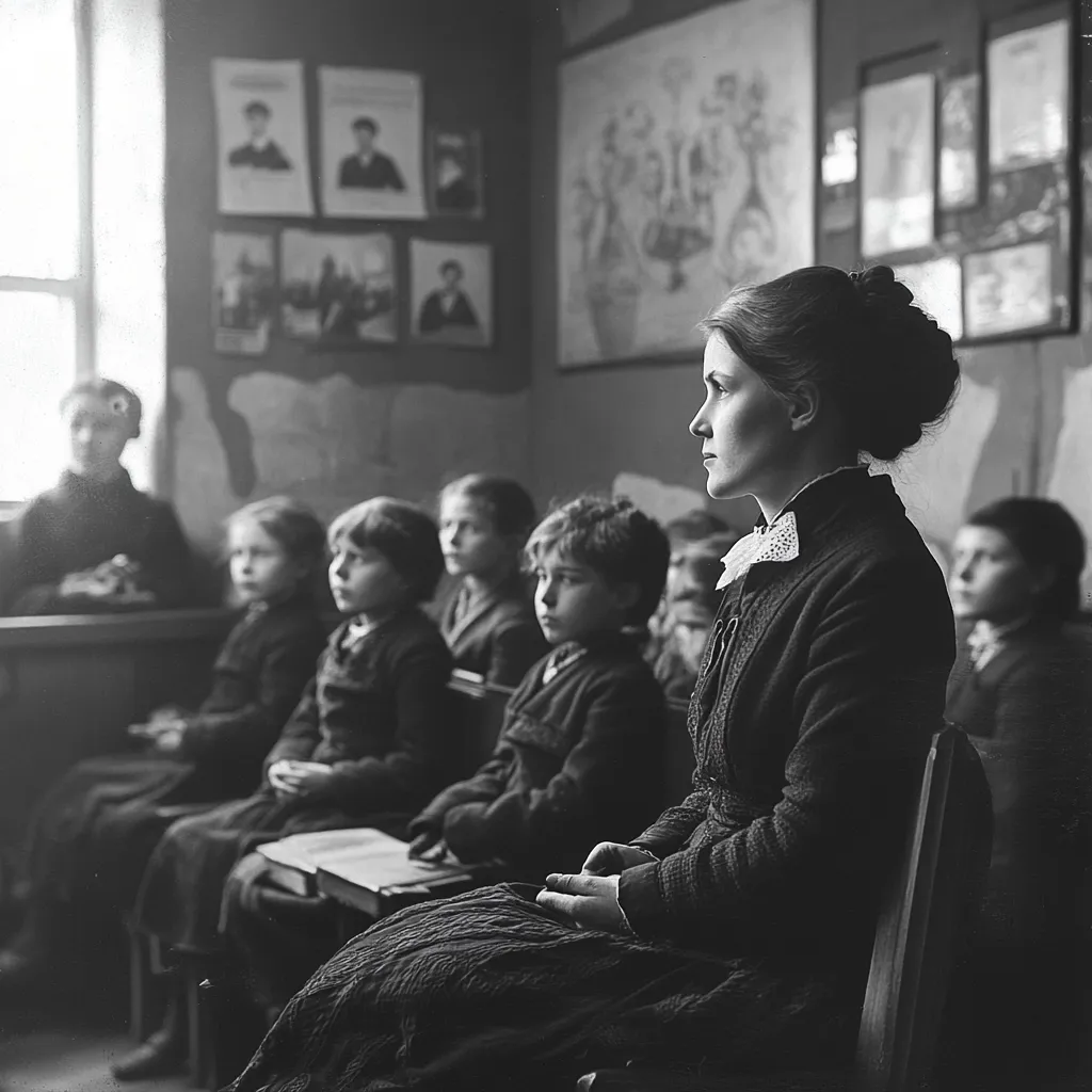 A black and white photograph depicts a classroom scene. A young woman, possibly a teacher, sits in profile, facing left, amongst a row of schoolchildren. The children are seated, attentive, in simple clothing. The classroom is sparsely decorated with framed pictures and a large wall hanging. The atmosphere is quiet and contemplative, evoking a sense of early 20th-century education.  A woman sits in the background, possibly another teacher or staff member.