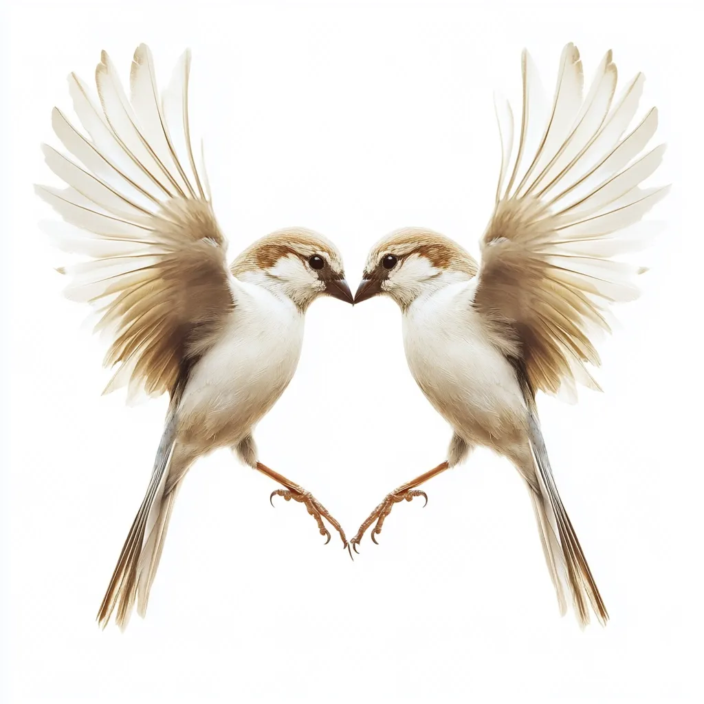Two birds, likely sparrows, with wings outstretched, create a heart shape.  Their beaks gently touch, forming the point of the heart. The birds are predominantly light beige, with brown accents on their heads and wings.  The image is set against a clean white background, emphasizing the birds' graceful pose and symbolic representation of love.