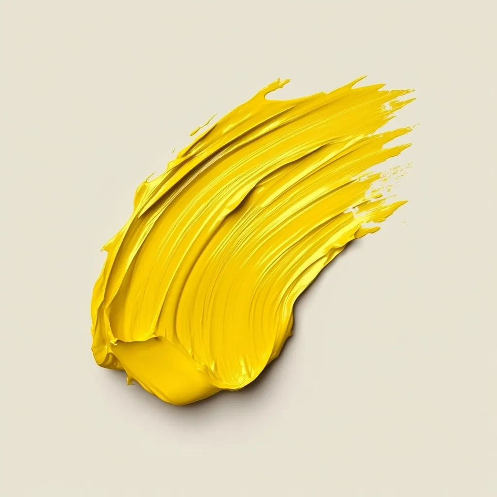 A vibrant, dynamic stroke of bright yellow paint is captured against a muted beige background.  The paint is applied with a sweeping motion, creating visible texture and a sense of movement.  The edges are slightly ragged, suggesting a spontaneous and expressive application. The overall impression is one of bold color and artistic energy.