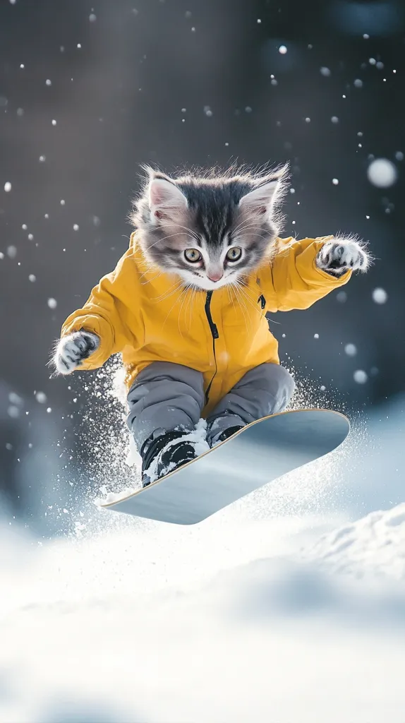 A fluffy gray kitten, dressed in a yellow snowsuit and gray pants, bravely snowboards down a snowy slope.  Snow sprays around it as it enjoys its winter adventure. The kitten's determined expression and tiny size create a charming and humorous scene.  The background is blurred, focusing attention on the adorable snowboarder.