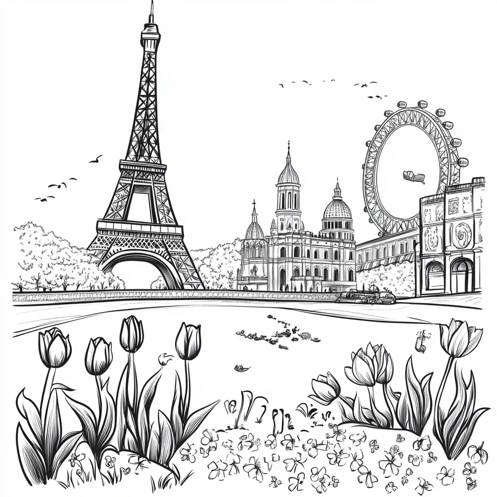 A black and white sketch depicts a picturesque European cityscape. The Eiffel Tower stands prominently, with a large church and Ferris wheel in the background.  A tranquil waterway separates the foreground, which is adorned with tulips and small flowers, creating a charming and romantic scene. The style is reminiscent of a travel poster or postcard.