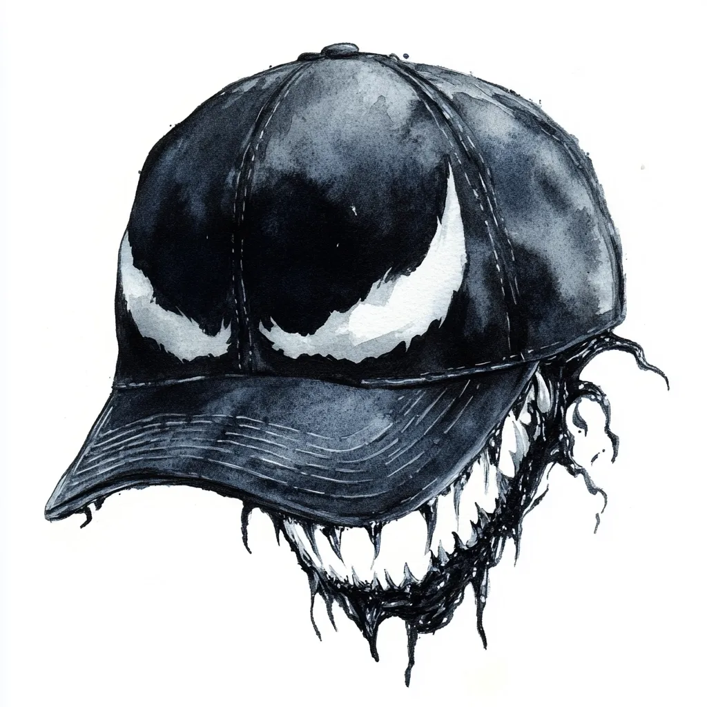 A watercolor painting depicts a black baseball cap with Venom's eyes and teeth subtly incorporated into the design. The cap's dark hue contrasts with the white of Venom's signature features, creating a striking visual.  The dripping, textured depiction of Venom's lower jaw extends from beneath the cap, adding a sense of ominousness and depth to the artwork. The overall style is dark, moody, and slightly surreal.