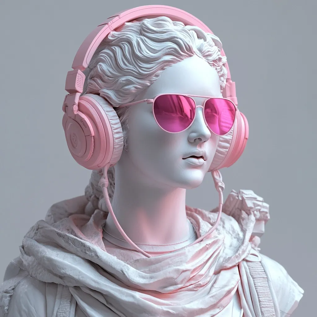A classical bust of a woman, rendered in white marble, is depicted wearing vibrant pink headphones and sunglasses.  The juxtaposition of ancient sculpture with modern accessories creates a striking visual contrast, suggesting a blend of timeless beauty and contemporary style. The image evokes a sense of artistic fusion and unexpected aesthetics.