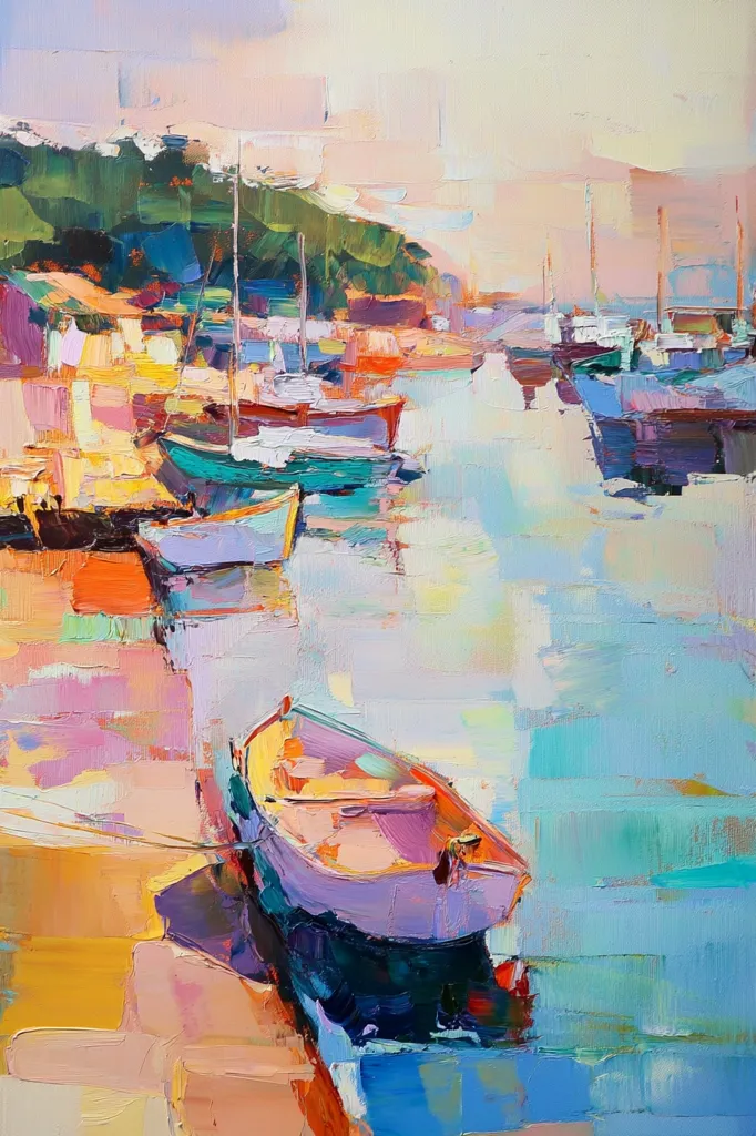 A vibrant oil painting depicts a tranquil harbor scene.  Numerous colorful boats, varying in size and hue, are moored along a shoreline.  The water is rendered in shades of blue and turquoise, reflecting the light.  A prominent, pale purple boat is in the foreground, tied to the sandy bank, creating a focal point against the warm, pastel tones of the background. The style is impressionistic, with visible brushstrokes adding texture and energy to the composition.  A line of green hills is visible in the distance.