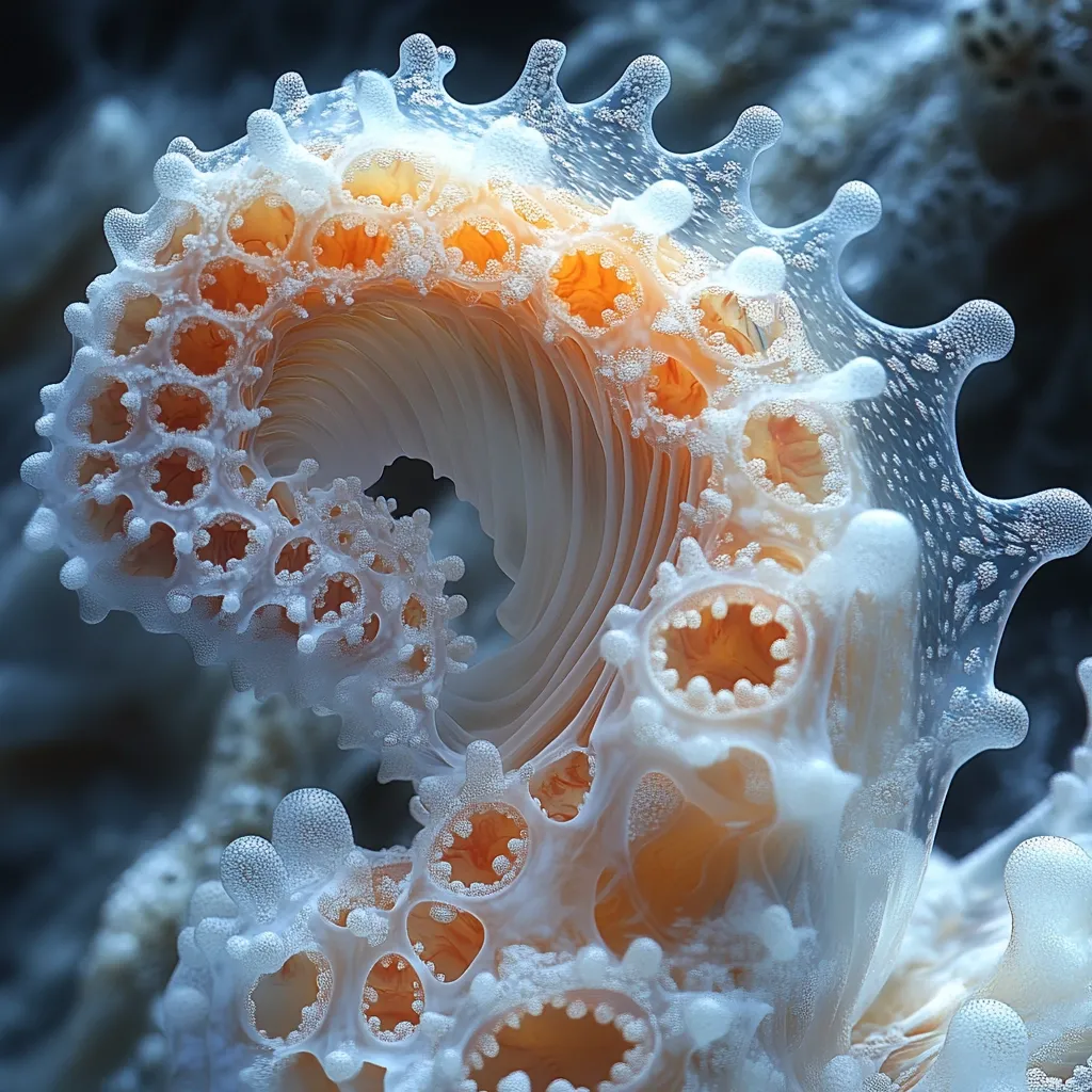 A close-up reveals an intricately detailed, spiraling structure resembling a seashell or coral.  Its surface is composed of numerous small, translucent, bubble-like formations encasing a warmer, orange-toned inner core. The overall texture is delicate and seemingly organic, exhibiting a mesmerizing fractal-like pattern.  The image evokes a sense of wonder and natural beauty.