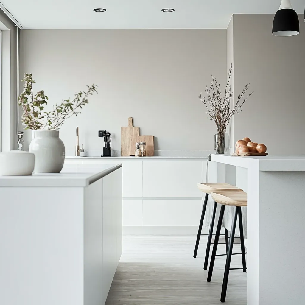 A minimalist modern kitchen features sleek white cabinetry and countertops.  Simple décor includes vases with branches and greenery, and wooden cutting boards.  Two light wooden stools with black metal legs are positioned at a kitchen island, where a bowl of onions sits. The overall aesthetic is clean, bright, and serene.