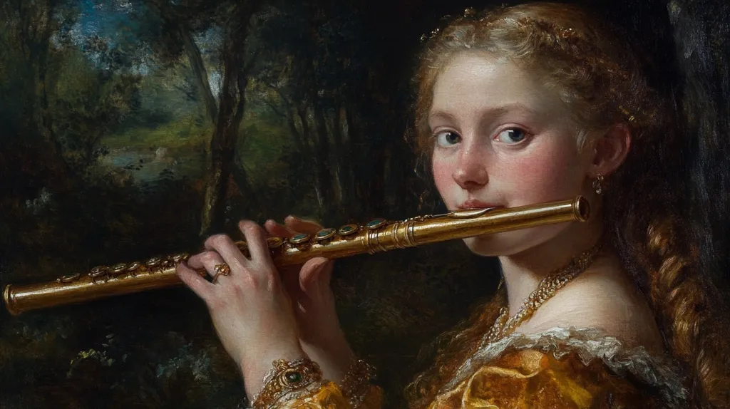 A young woman, elegantly dressed in gold, plays a richly ornamented flute. Her fair skin and blonde hair are highlighted against a dark, wooded background. The painting’s detail is exquisite, capturing the subtle texture of her dress and the gleam of the instrument.  The scene evokes a sense of serenity and musical grace within a lush natural setting.