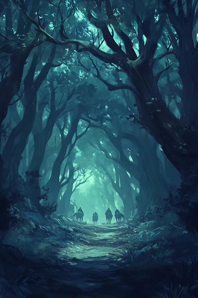 A digital painting depicts three figures on horseback traversing a dimly lit forest path.  Towering, dark trees form a dense canopy overhead, casting a cool, ethereal glow on the scene. The figures are silhouetted, their details obscured by the low light. The overall mood is mysterious and evocative of a journey into an unknown realm.  The path ahead is barely visible, adding to the sense of adventure and uncertainty.