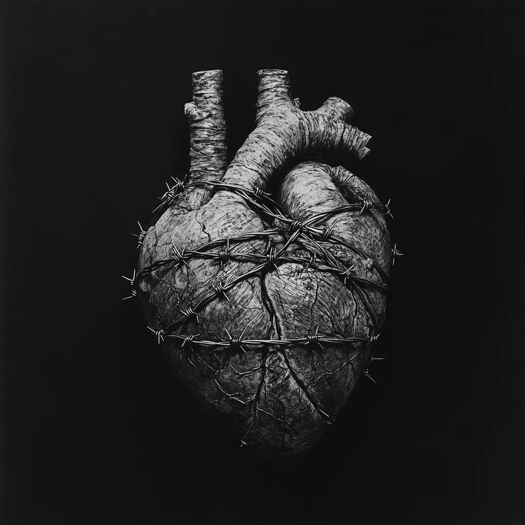 A monochrome close-up reveals a heart sculpture, seemingly aged and weathered, bound tightly with barbed wire.  The heart's texture is rough and cracked, suggesting vulnerability and hardship. The stark black and white palette emphasizes the image's emotional weight, conveying themes of confinement, pain, and perhaps, resilience. The dark background isolates the heart, focusing attention on its symbolic burden.