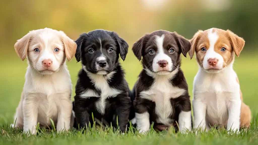 Four adorable Border Collie puppies sit side-by-side in the grass.  Each puppy has a unique coat color: cream, black and white, brown and white, and a reddish-brown and white. Their big, expressive eyes and fluffy fur make them incredibly cute. They are perfectly lined up, creating a charming and heartwarming image.