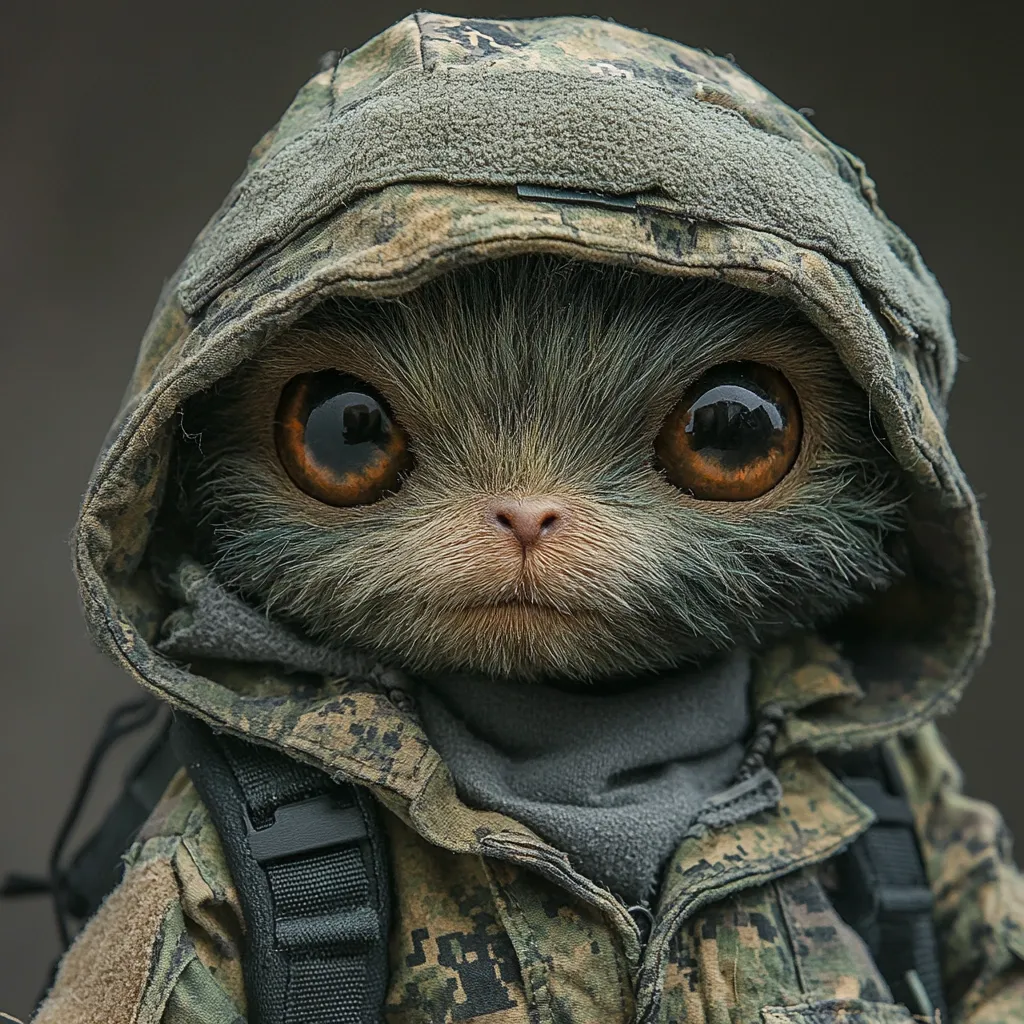 A close-up shot reveals a small, furry creature resembling a primate, donned in a camouflage military-style hooded jacket and backpack.  Its large, expressive eyes and neutral expression are striking. The creature's texture appears soft yet slightly rugged, contrasting with the harshness of its attire.  The image's overall mood is one of gentle curiosity.