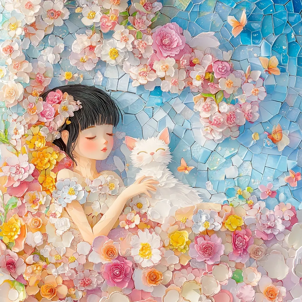 A young girl with dark hair sleeps peacefully amidst a vibrant mosaic of pastel flowers and butterflies.  A fluffy white cat rests beside her, nestled in the floral arrangement. The background is a textured, light blue mosaic, creating a dreamy, whimsical scene.  The artwork is meticulously crafted, with each flower appearing delicately formed. The overall impression is one of serene beauty and tranquility.