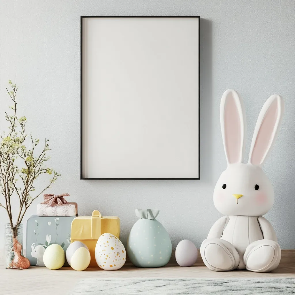 A minimalist Easter scene features a large blank poster framed in black, hanging on a light blue wall.  Below, pastel-colored Easter eggs, gifts, and a plush white bunny are arranged on a light wood surface. A vase with delicate spring branches adds to the serene, festive atmosphere. The overall style is clean and contemporary.