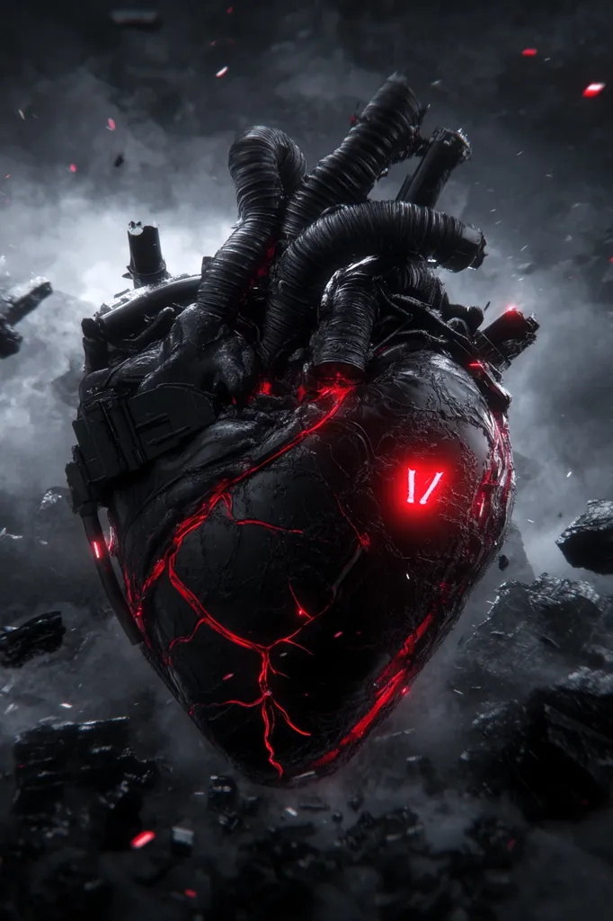 A dark, metallic heart, cracked and glowing red from within, dominates the image.  Intricate mechanical tubes and attachments are fused to its surface.  The heart rests amidst a desolate, rocky landscape, shrouded in smoke and embers.  A stylized '||' symbol glows red on its surface. The overall aesthetic is dark, futuristic, and slightly ominous.