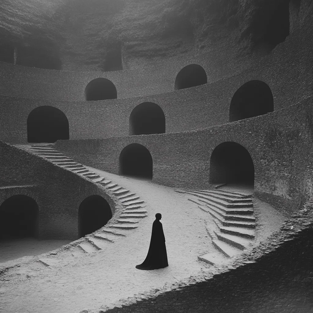A solitary figure, cloaked in black, stands in a surreal, monochrome landscape.  The setting is a circular stone structure with numerous arched doorways and winding staircases, creating a labyrinthine effect.  The atmosphere is somber and mysterious, emphasizing the isolation of the individual within this enigmatic architecture.  The image evokes a sense of contemplation and the unknown.