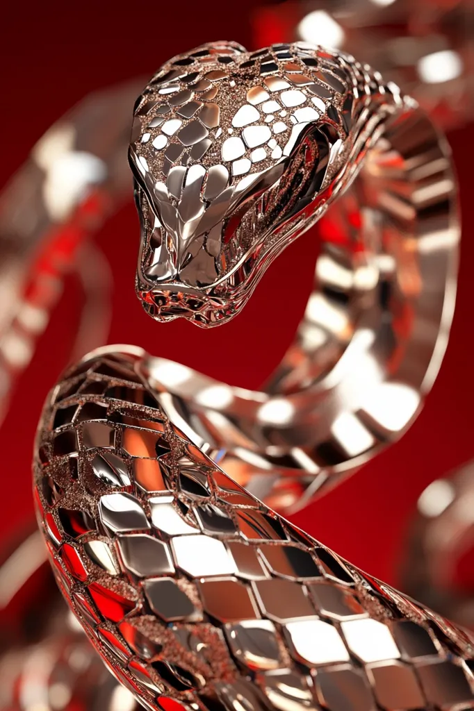 A close-up reveals a meticulously crafted metallic snake, its scales rendered with a textured, almost granular surface.  The rose gold hue of the metal reflects light, highlighting the intricate detailing of each scale.  The snake's head is raised, its features sharply defined, showcasing a sense of power and elegance against a deep red backdrop. The overall impression is one of luxury and artistry.