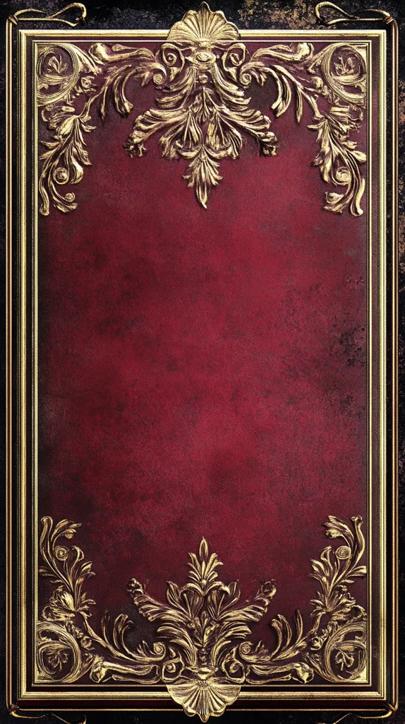 A rich crimson background is framed by ornate, gold-leaf embellishments.  Intricate, swirling designs in a baroque style decorate the top and bottom borders. The texture of the background suggests a luxurious, possibly leather-bound, book cover or similar antique item. The gold accents are highly detailed, adding to the opulent and vintage aesthetic.