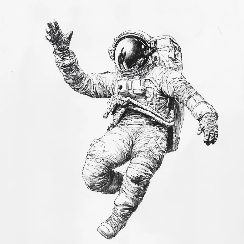 A detailed black and white drawing depicts an astronaut floating in space.  The astronaut is rendered with meticulous shading and line work, highlighting the texture of the spacesuit and the reflective surface of the helmet. One arm is extended in a gesture, conveying a sense of isolation and wonder. The overall style is realistic and emphasizes the astronaut's vulnerability within the vastness of space.