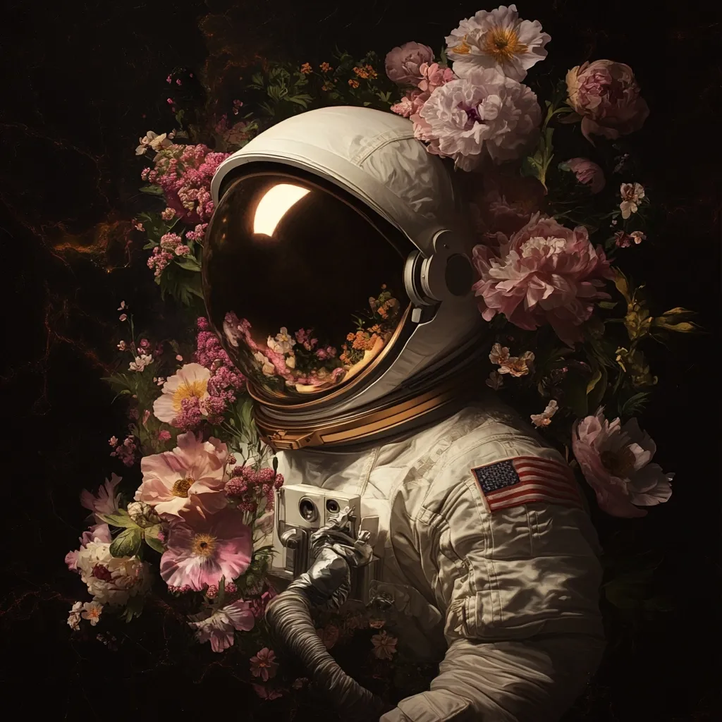 An astronaut's helmet, reflecting a bouquet of flowers, is surrounded by a lush arrangement of pink and mauve blossoms.  The spacesuit, bearing an American flag patch, is partially visible, creating a striking juxtaposition of cosmic exploration and delicate natural beauty.  The dark background enhances the dramatic contrast, producing a surreal and artistic image.