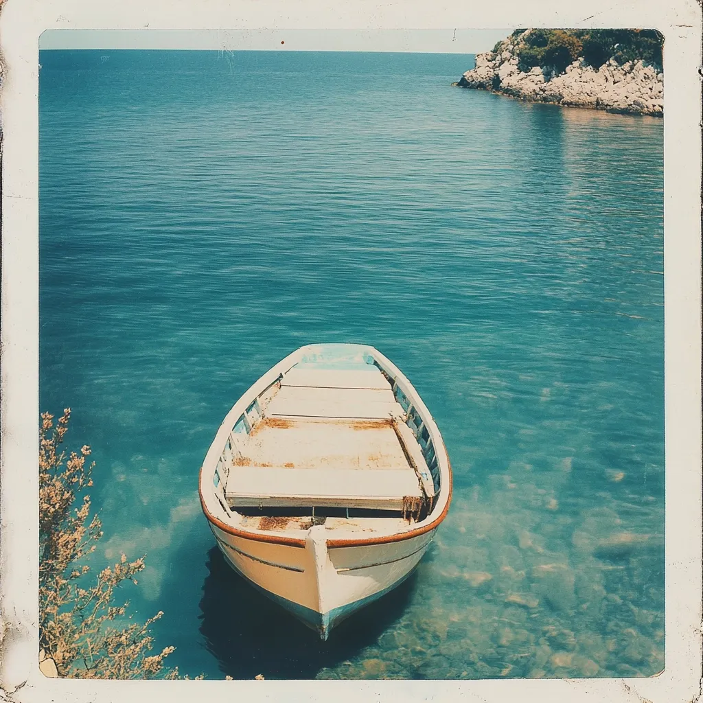 A small, weathered wooden boat rests in calm, clear turquoise water. The boat, light beige with faded blue trim, is empty and sits serenely near a rocky shoreline.  The water is translucent, revealing the rocky seabed.  The scene evokes a sense of peace and tranquility, reminiscent of a secluded Mediterranean cove.