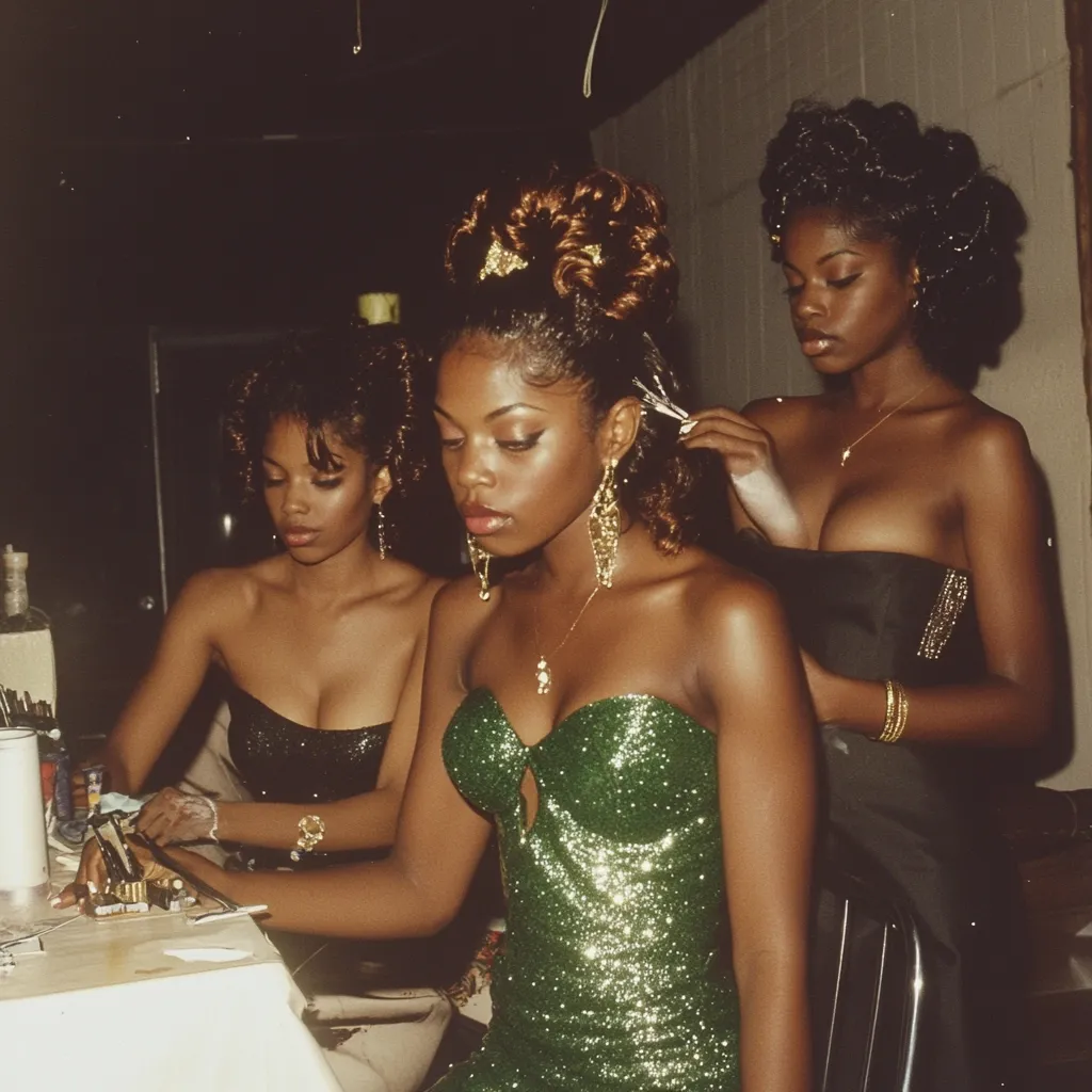 Three young Black women prepare for an evening event.  One woman in a shimmering emerald green strapless gown has her hair styled by another.  A third woman, also in a glamorous dark dress, assists.  The scene is set in a dimly lit room, suggesting a backstage or dressing area, filled with a sense of excitement and anticipation.  Their elaborate hairstyles and elegant attire are reminiscent of 1970s or 1980s fashion.
