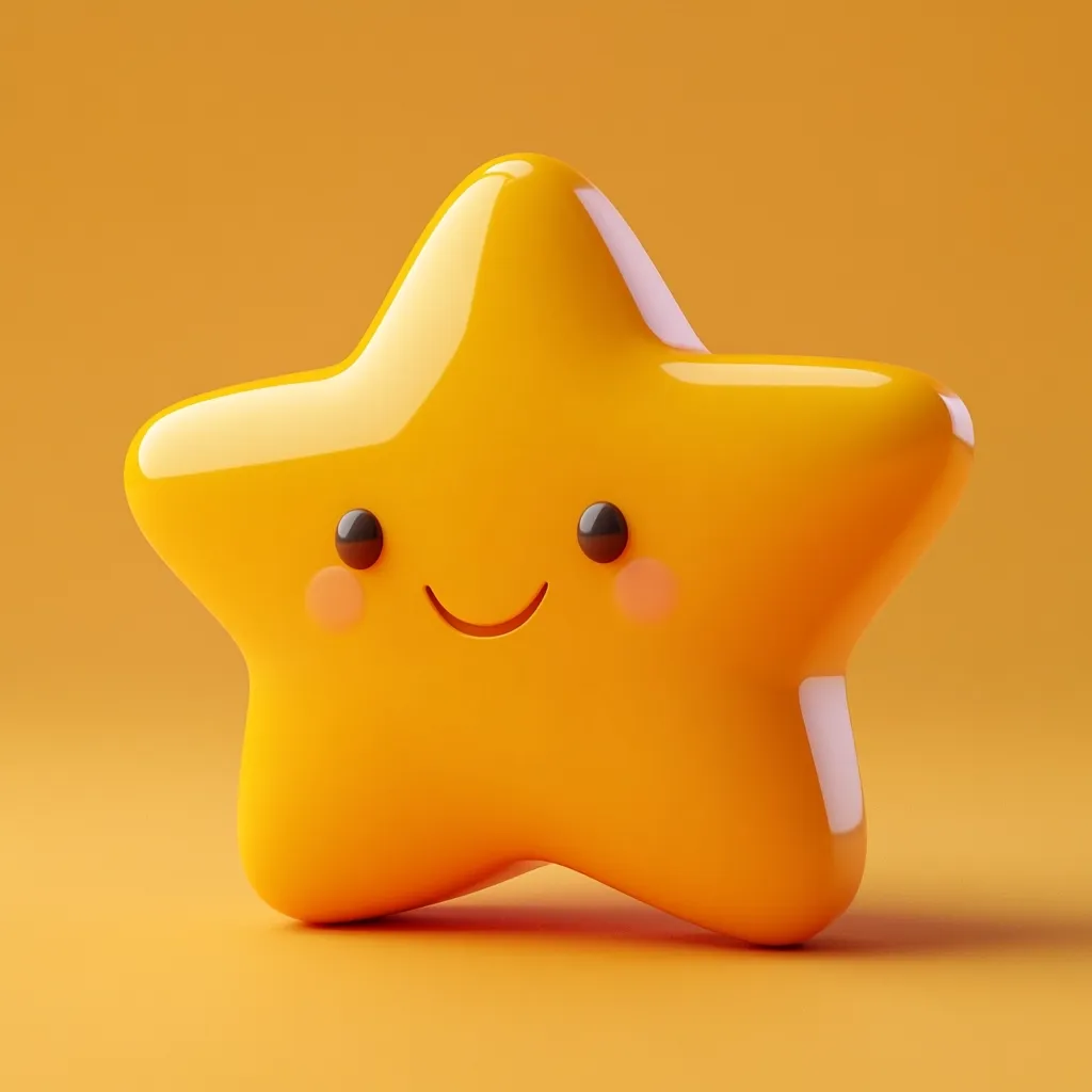 A cheerful, yellow star-shaped character smiles against a matching orange background.  Its shiny, smooth surface reflects light.  Simple, black dot eyes and rosy cheeks add to its cute and friendly expression. The 3D rendered image evokes feelings of joy and happiness.