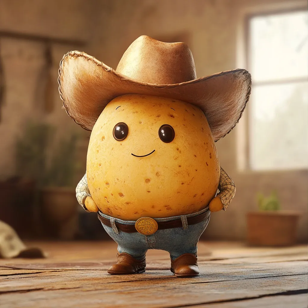 A charming, anthropomorphic potato, depicted in a 3D rendering, stands proudly.  Dressed in denim jeans, brown cowboy boots, and a wide-brimmed hat, it possesses large, expressive eyes and a cheerful smile.  The potato's attire and setting suggest a rustic, Western theme. The image is highly detailed, showcasing realistic textures on the potato's skin and clothing.