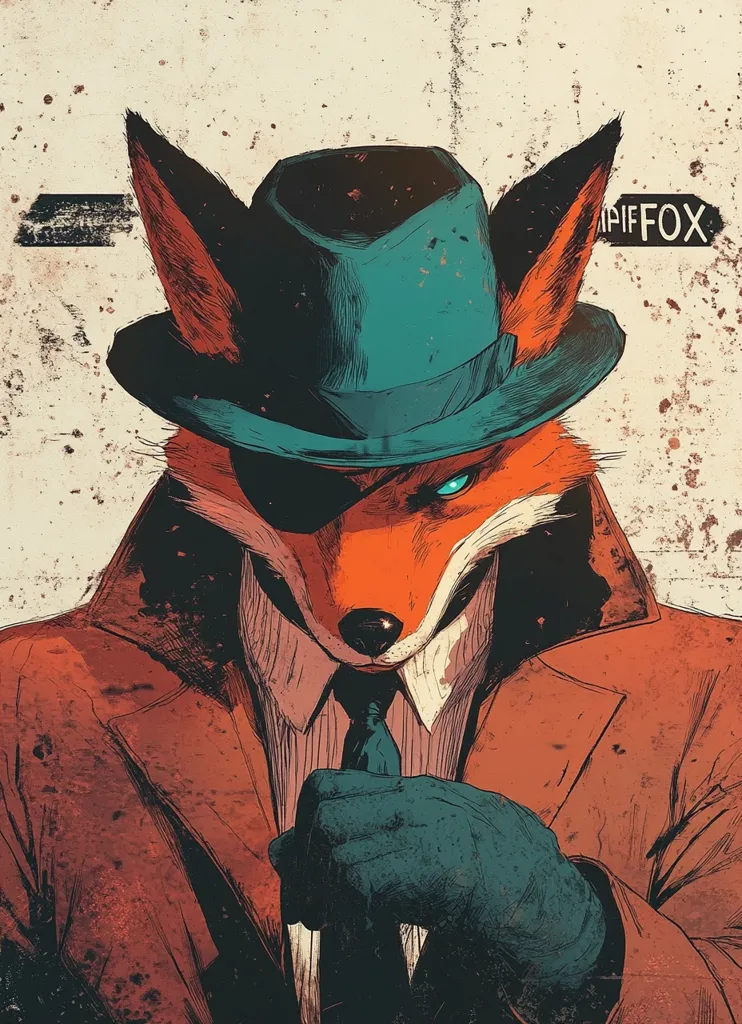 A stylized illustration of a fox anthropomorphized as a detective.  He wears a teal fedora, a red trench coat, and a dark tie. One eye is covered by a patch, giving him a mysterious air. The background is a textured, grungy wall with the word "PIFF FOX" subtly visible.  The overall style is reminiscent of vintage noir detective fiction.