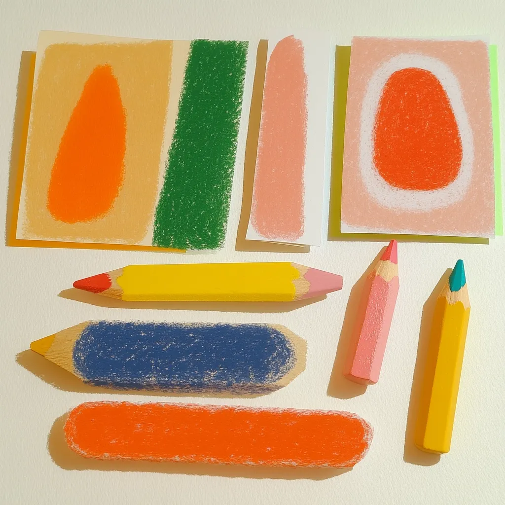 Several colorful crayon-like drawings on small pieces of paper are arranged on a white surface.  The drawings feature simple shapes and bold colors, including orange, green, pink, and beige.  Below,  four colored pencils in corresponding hues – yellow, blue, orange-pink, and yellow-green – are laid out, complementing the artwork above. The overall aesthetic is minimalist and playful.