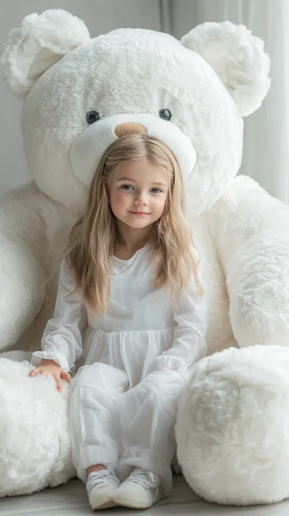 A young girl in a white dress sits nestled against a giant white teddy bear.  The bear is incredibly plush and soft-looking, almost as large as the child. The girl's blonde hair falls to her shoulders, and she gazes directly at the camera with a serene expression. The overall scene is one of innocence and gentle comfort.
