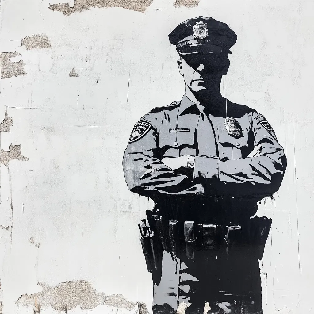 A striking grayscale mural depicts a police officer, arms crossed, standing against a weathered white wall.  The officer's uniform is detailed, showcasing badges and a utility belt. The style is reminiscent of stencil art, with strong contrasts and a slightly obscured face. The distressed wall adds texture and depth, contrasting with the sharp lines of the figure. The overall effect is both powerful and contemplative.