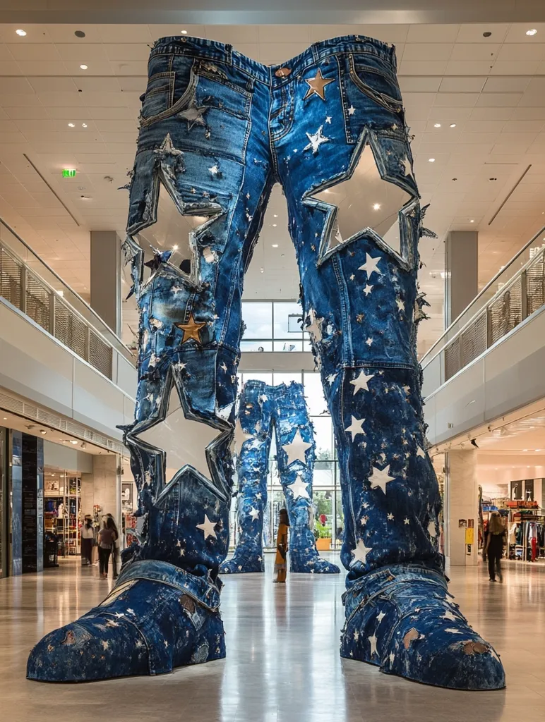 A colossal pair of jeans, adorned with distressed denim and star appliqués, stands as a striking art installation within a modern shopping mall.  The jeans are oversized, forming boots at the bottom, and are positioned centrally in the spacious, bright interior. Smaller jean figures stand behind the main piece, creating a visually arresting display.  The scene is clean and contemporary, highlighting the artwork's unique presence.