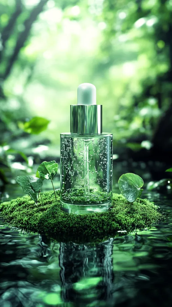 A glass bottle of clear serum with a silver dropper sits on a bed of vibrant green moss, nestled beside a tranquil stream.  The lush green forest background creates a serene and natural setting, emphasizing the product's organic and refreshing qualities. The image evokes feelings of purity and natural beauty.