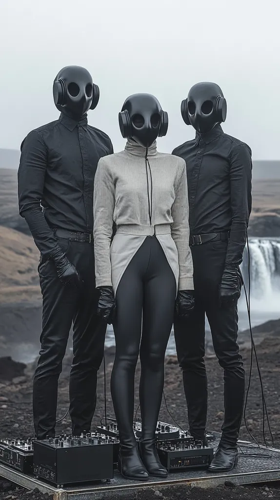 Three figures in black clothing and matching black, owl-like masks stand before a waterfall.  A central figure wears a light grey top and black leggings, flanked by two in all-black outfits.  They stand on a dark platform with electronic equipment, creating a striking visual contrast against the desolate, grey landscape. The scene evokes a futuristic or dystopian aesthetic.