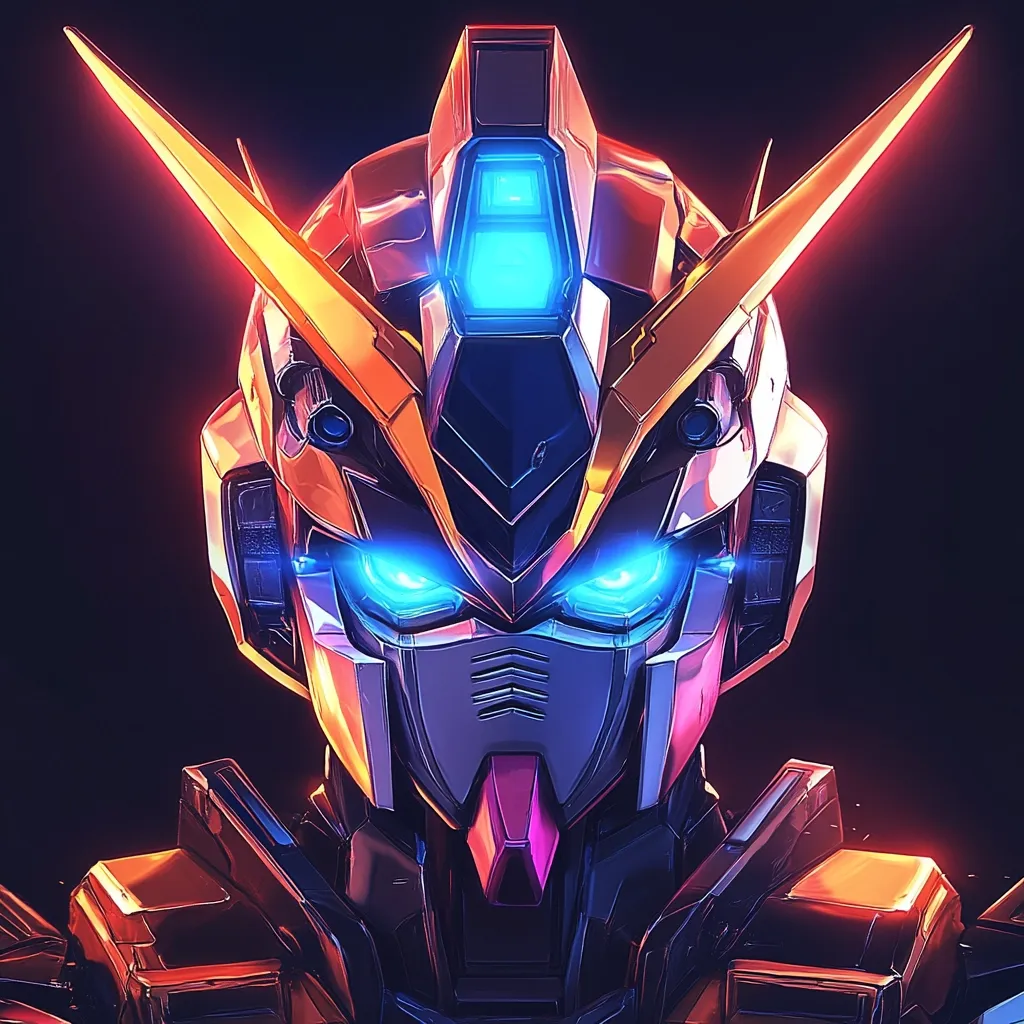 A close-up illustration showcases the head and shoulders of a mecha, a giant robot.  Its design is predominantly gold and dark metallic hues, accented by vibrant blue glowing eyes and a central light.  Sharp, angular features and detailed panel lines are visible, suggesting a powerful and technologically advanced machine. The overall style is sleek and futuristic, with a dynamic energy emanating from its glowing components.