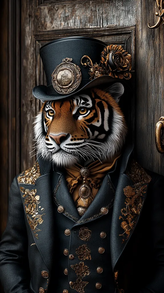 A majestic tiger, elegantly dressed in a dark teal steampunk-inspired coat adorned with gold floral embroidery, stands before a dark wooden door.  He sports a top hat embellished with a gold medallion and a rose, completing his sophisticated and refined appearance. The image's dark tones and intricate details create a captivating, almost surreal atmosphere.